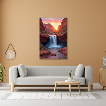 Leinwandbild Sonnenuntergang küsst tosenden Wasserfall im roten Canyon XXL – Natur - deyoli