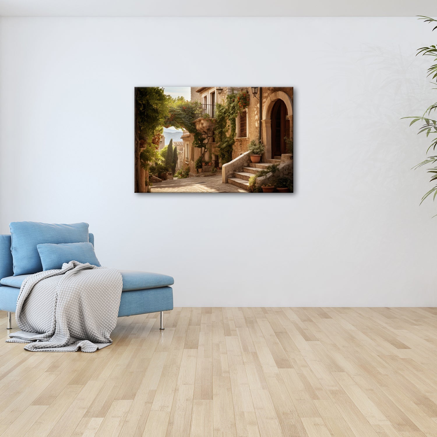 Leinwandbild Sonnenverwobene Gasse voller mediterraner Ruhe - deyoli