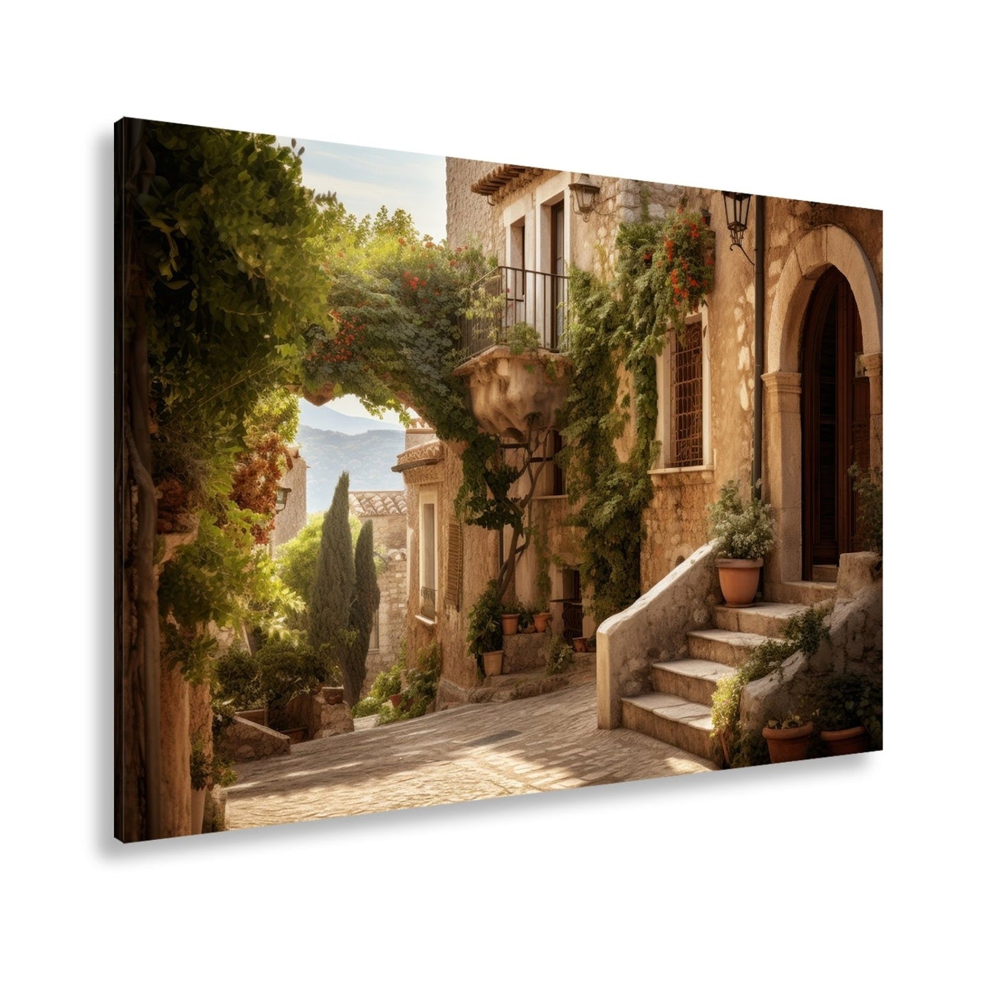 Leinwandbild Sonnenverwobene Gasse voller mediterraner Ruhe - deyoli