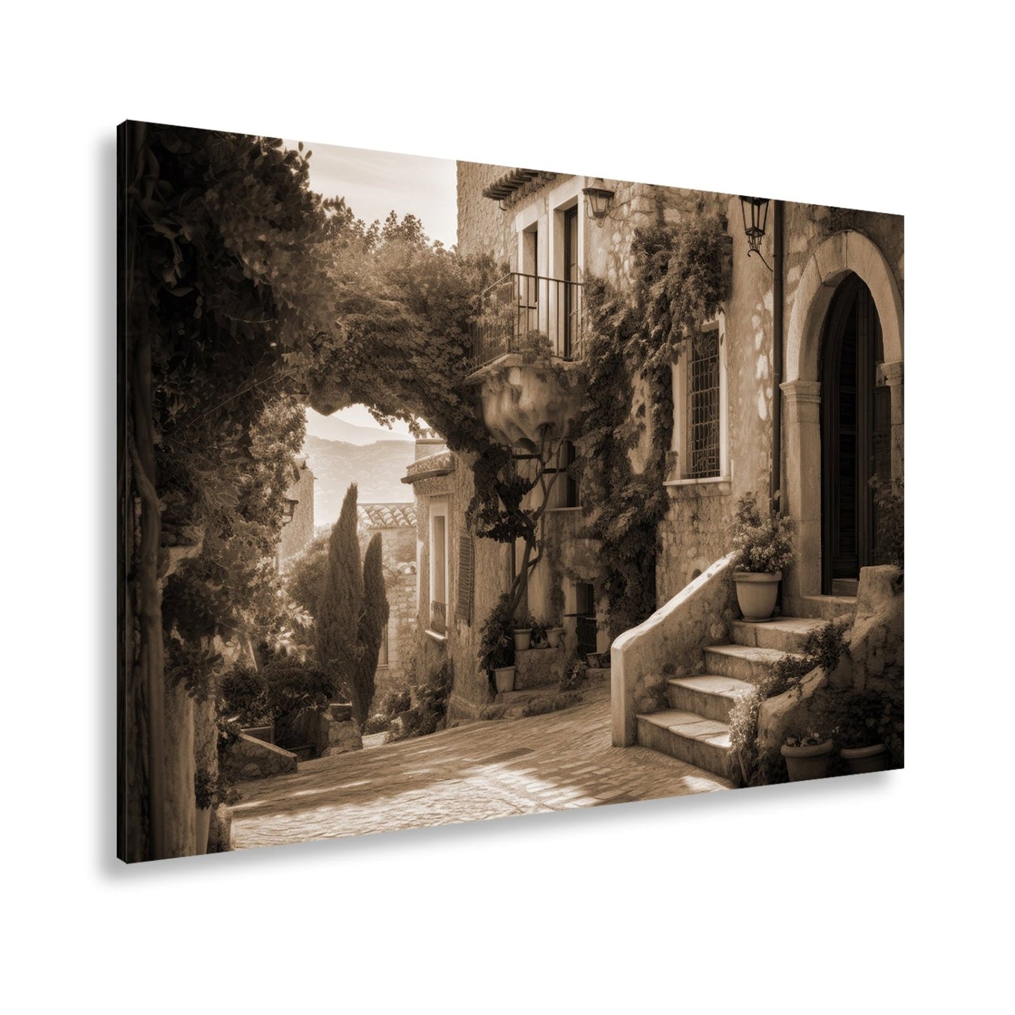 Leinwandbild Sonnenverwobene Gasse voller mediterraner Ruhe - deyoli