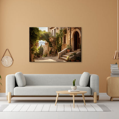 Leinwandbild Sonnenverwobene Gasse voller mediterraner Ruhe - deyoli