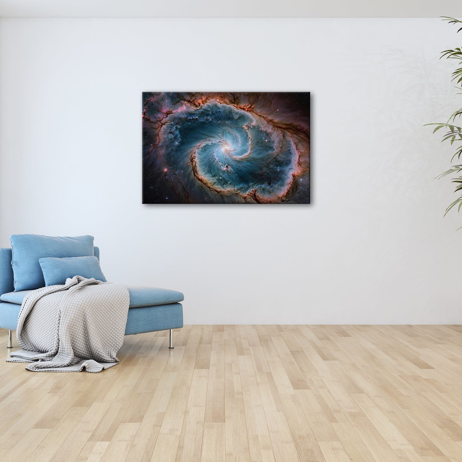 Leinwandbild Spiralförmige Galaxie – Tiefes Blau mit leuchtenden Adern XXL - deyoli