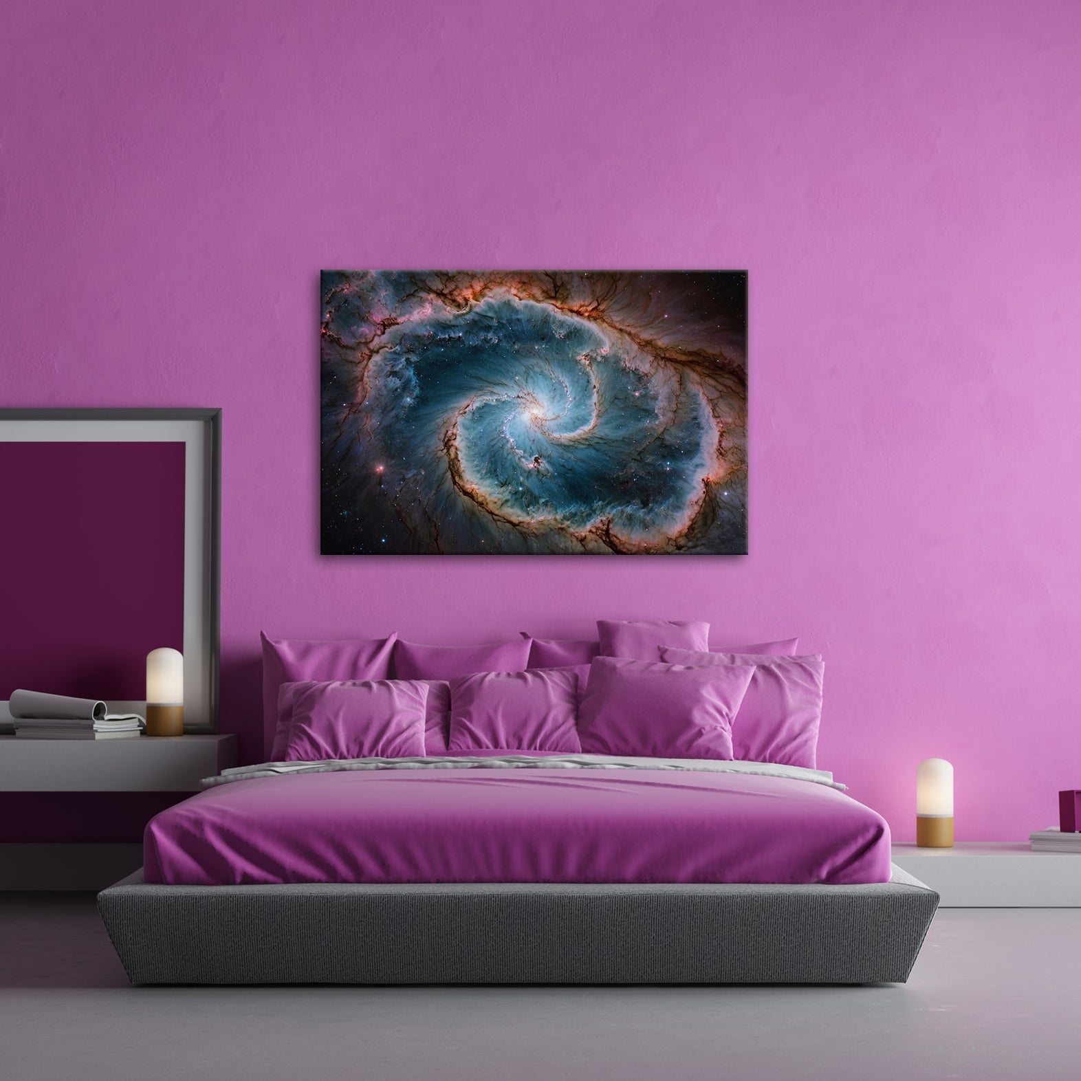 Leinwandbild Spiralförmige Galaxie – Tiefes Blau mit leuchtenden Adern XXL - deyoli