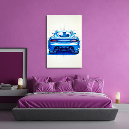 Leinwandbild Sportwagen Skizze Rückansicht XXL – Auto Wandbild Kunst - deyoli