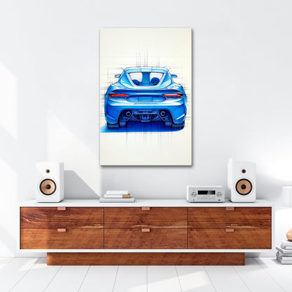 Leinwandbild Sportwagen Skizze Rückansicht XXL – Auto Wandbild Kunst - deyoli