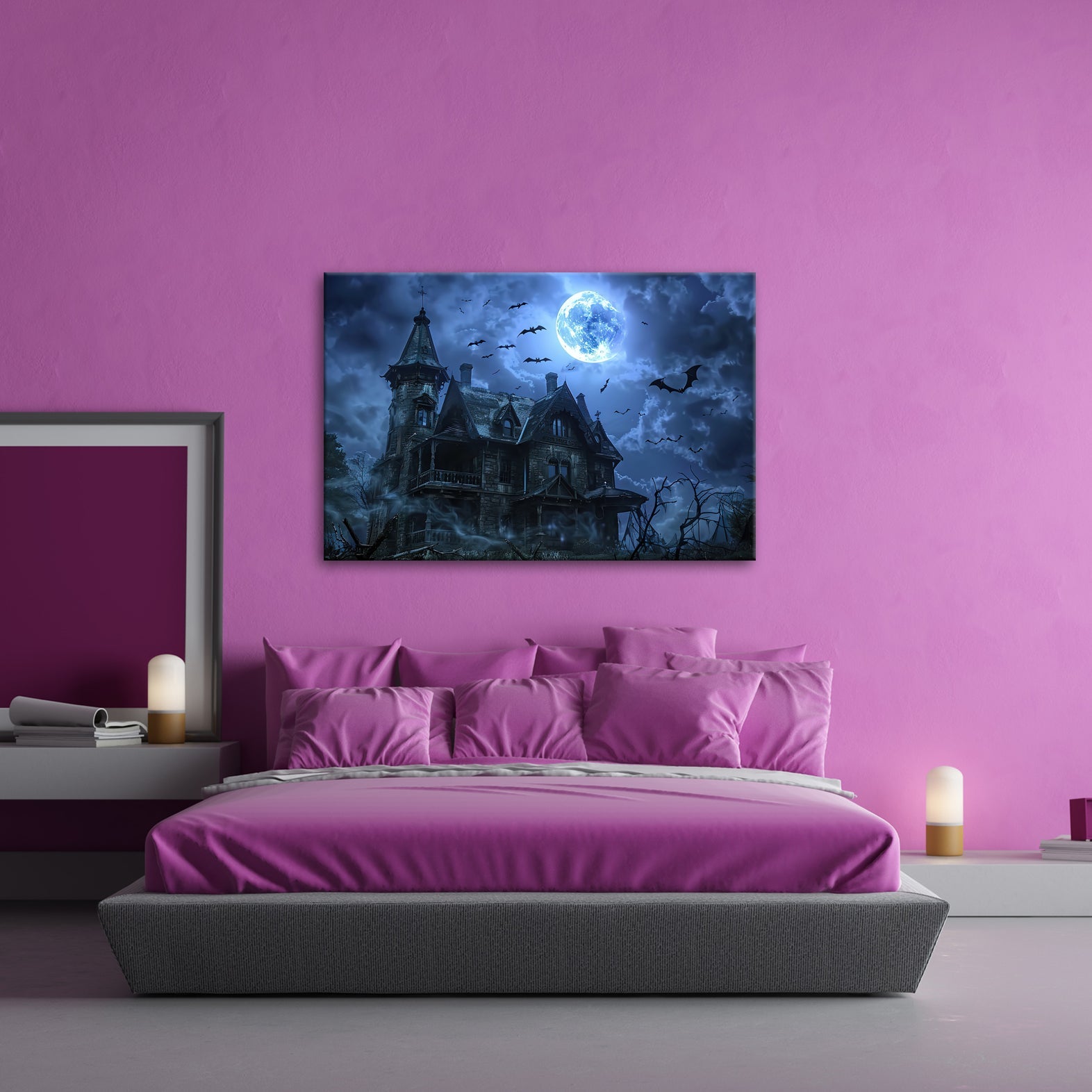 Leinwandbild Spukhaus im Mondschein und flatternden Schatten - deyoli