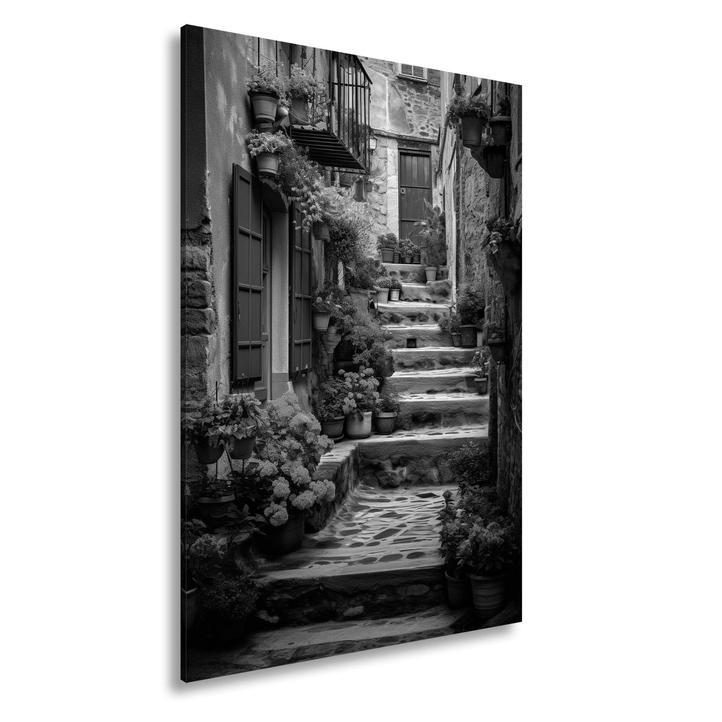 Leinwandbild Steintreppe in Blütenfarben, verborgenes mediterranes Paradies - deyoli