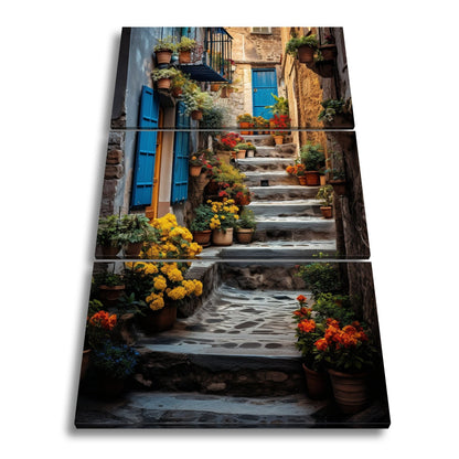 Leinwandbild Steintreppe in Blütenfarben, verborgenes mediterranes Paradies - deyoli