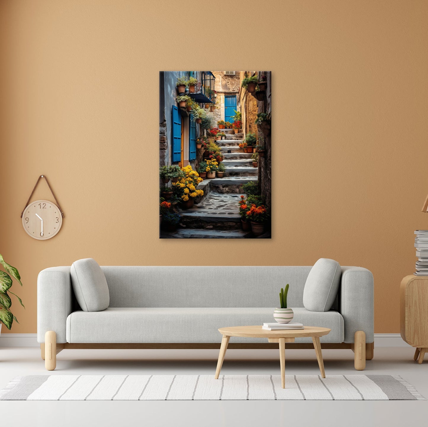 Leinwandbild Steintreppe in Blütenfarben, verborgenes mediterranes Paradies - deyoli