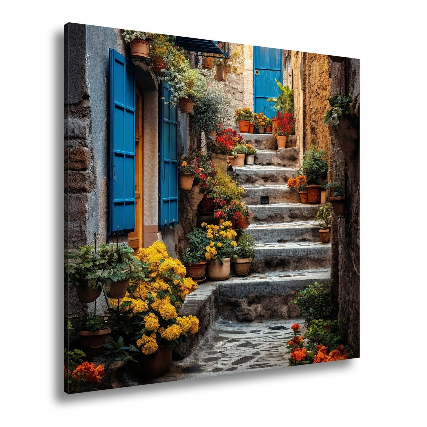 Leinwandbild Steintreppe in Blütenfarben, verborgenes mediterranes Paradies - deyoli