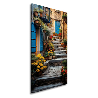Leinwandbild Steintreppe in Blütenfarben, verborgenes mediterranes Paradies - deyoli