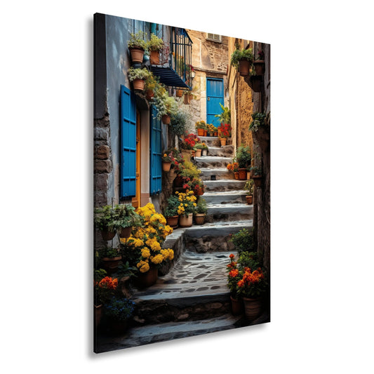 Leinwandbild Steintreppe in Blütenfarben, verborgenes mediterranes Paradies - deyoli