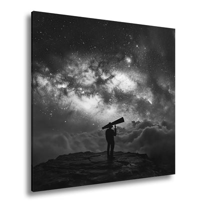Leinwandbild Sternenbeobachter vor leuchtender Galaxie über den Wolken - deyoli