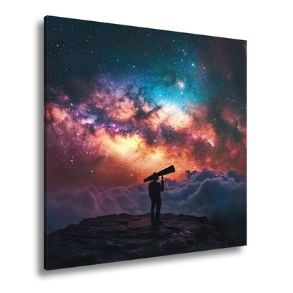 Leinwandbild Sternenbeobachter vor leuchtender Galaxie über den Wolken - deyoli
