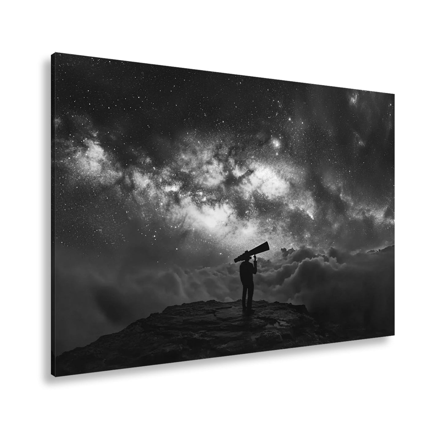 Leinwandbild Sternenbeobachter vor leuchtender Galaxie über den Wolken - deyoli