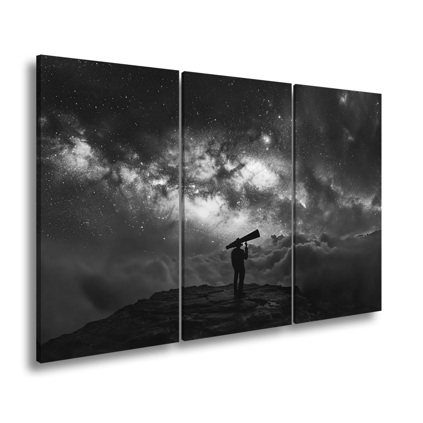 Leinwandbild Sternenbeobachter vor leuchtender Galaxie über den Wolken - deyoli