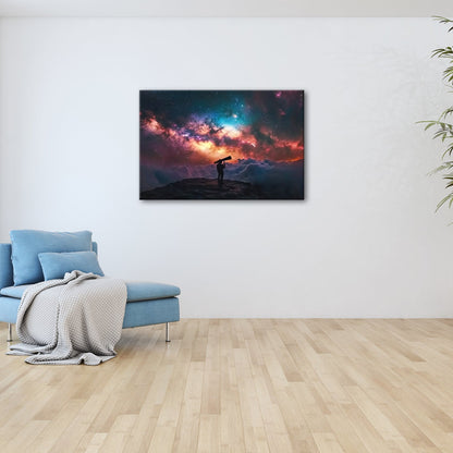 Leinwandbild Sternenbeobachter vor leuchtender Galaxie über den Wolken - deyoli