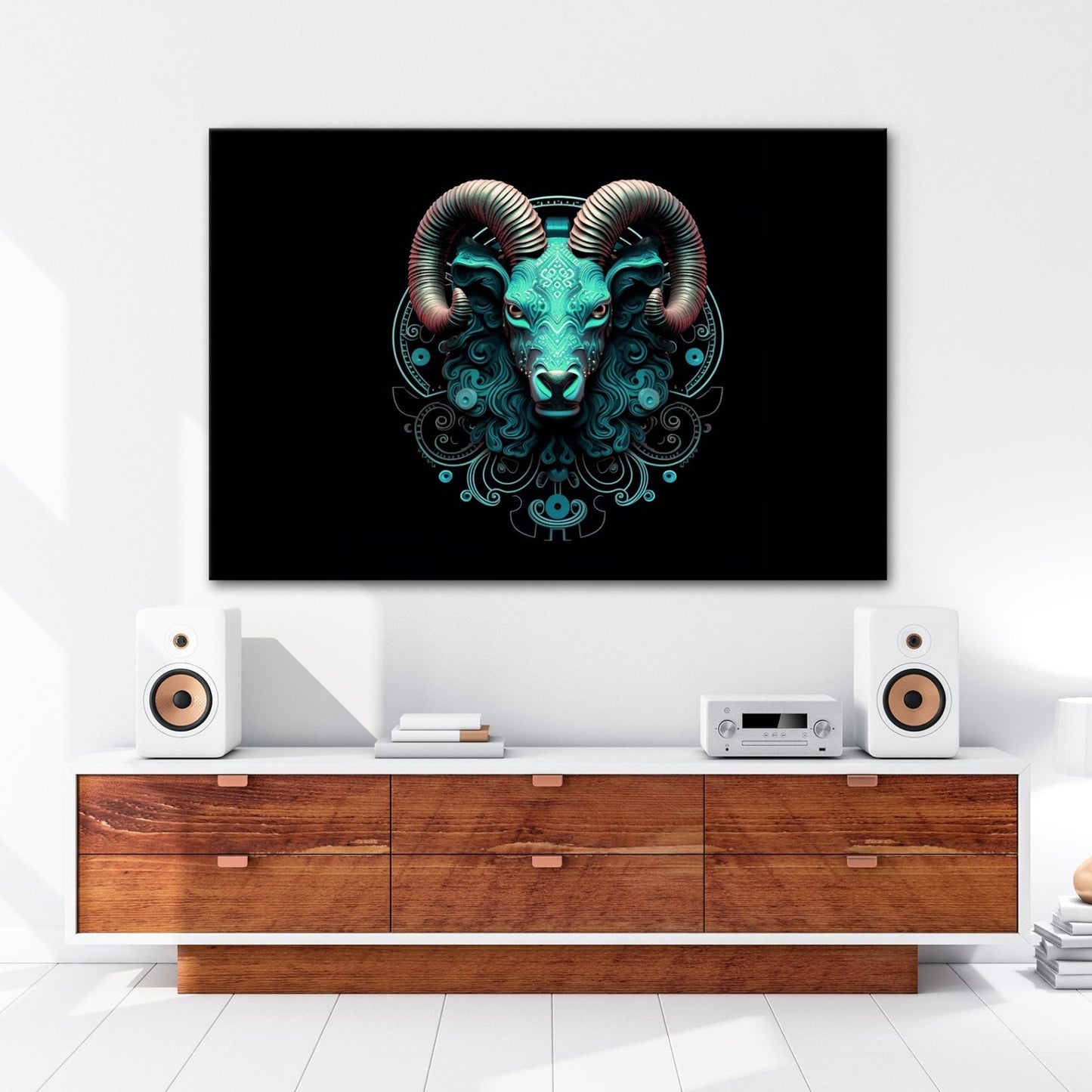 Leinwandbild Sternzeichen Mystischer Widder mit Ornamenten auf dunklem Grund - deyoli
