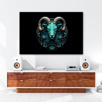 Leinwandbild Sternzeichen Mystischer Widder mit Ornamenten auf dunklem Grund - deyoli