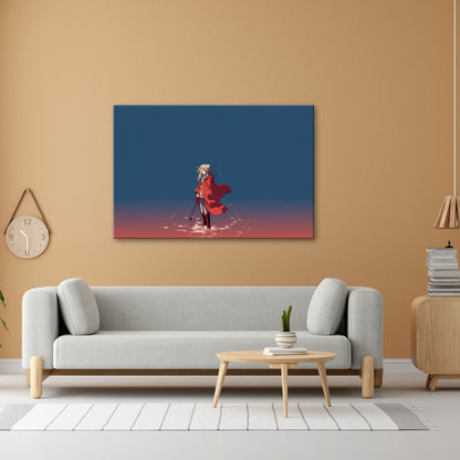Leinwandbild Stille Flut – ein Mädchen trotzt der Weite in Rot. - deyoli