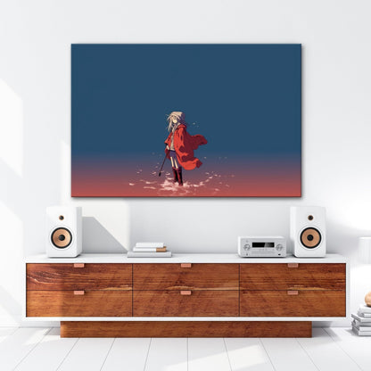 Leinwandbild Stille Flut – ein Mädchen trotzt der Weite in Rot. - deyoli