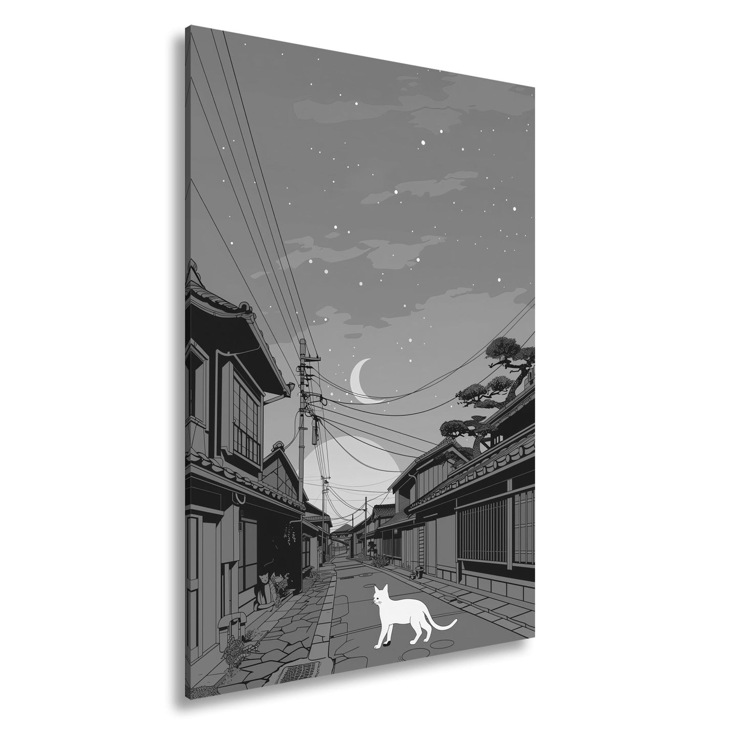 Leinwandbild Stille Gasse bei Dämmerung, begleitet von einer weißen Katze. - deyoli