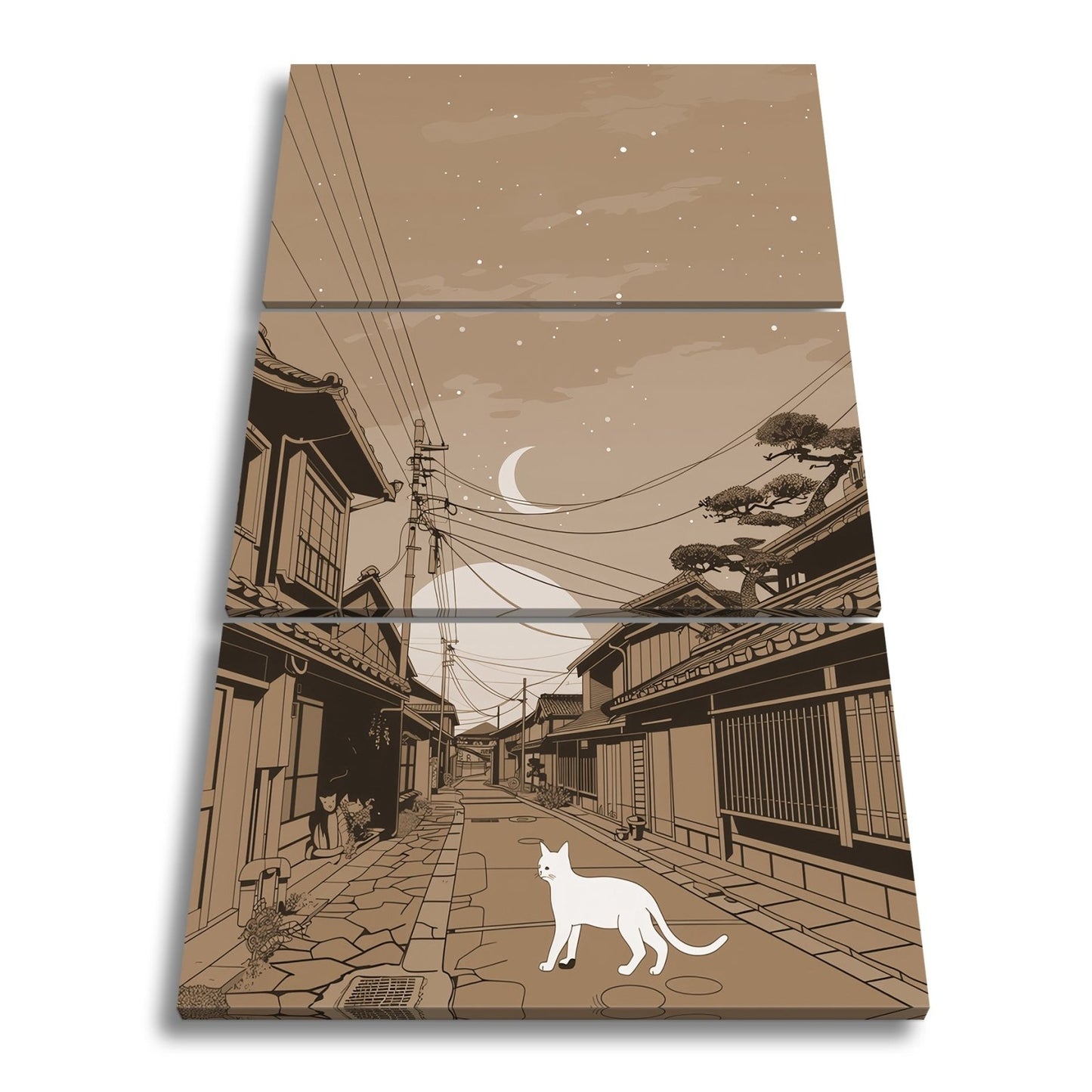 Leinwandbild Stille Gasse bei Dämmerung, begleitet von einer weißen Katze. - deyoli