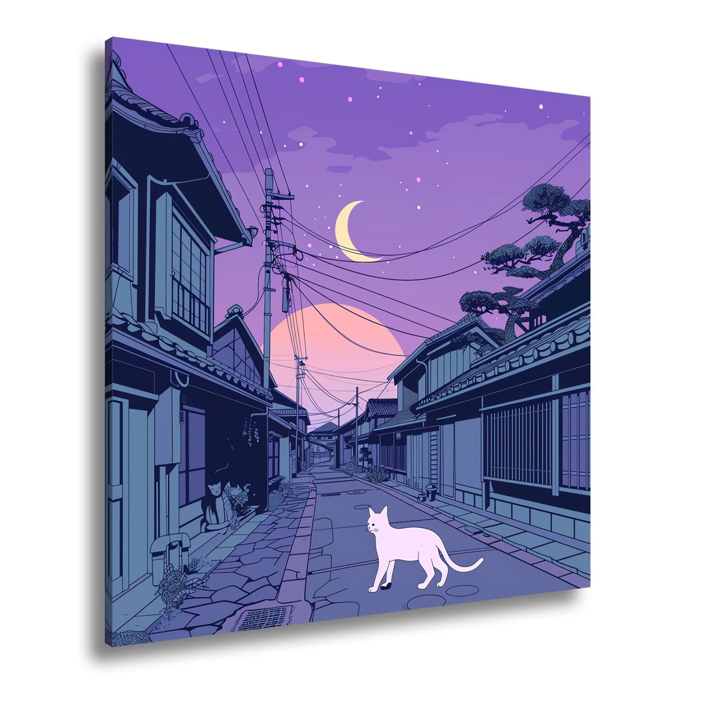 Leinwandbild Stille Gasse bei Dämmerung, begleitet von einer weißen Katze. - deyoli
