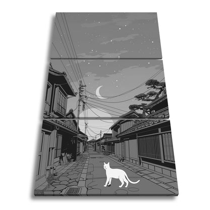 Leinwandbild Stille Gasse bei Dämmerung, begleitet von einer weißen Katze. - deyoli