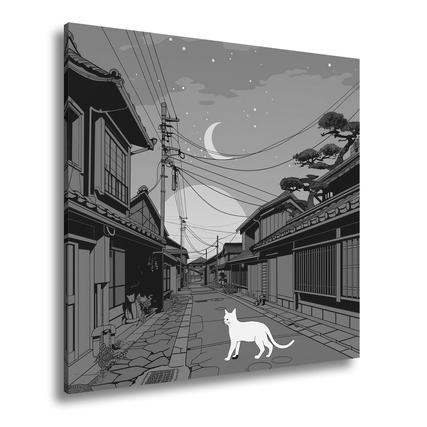 Leinwandbild Stille Gasse bei Dämmerung, begleitet von einer weißen Katze. - deyoli