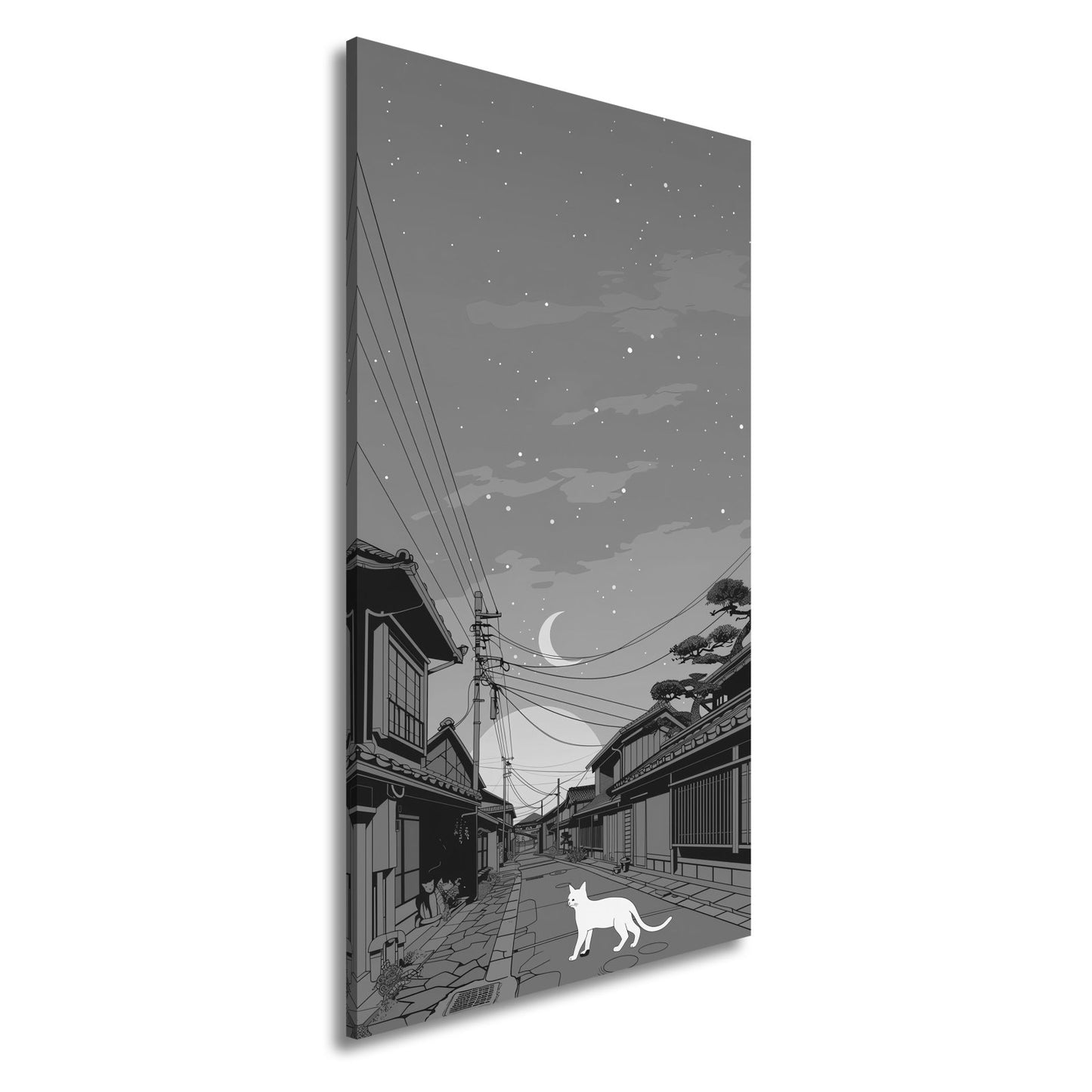 Leinwandbild Stille Gasse bei Dämmerung, begleitet von einer weißen Katze. - deyoli