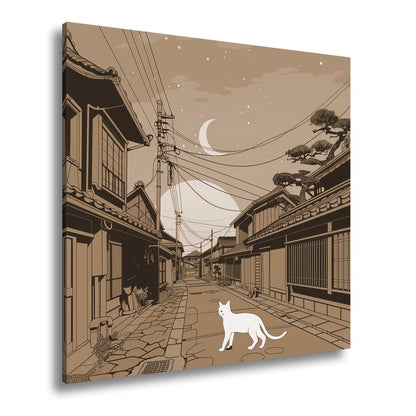 Leinwandbild Stille Gasse bei Dämmerung, begleitet von einer weißen Katze. - deyoli