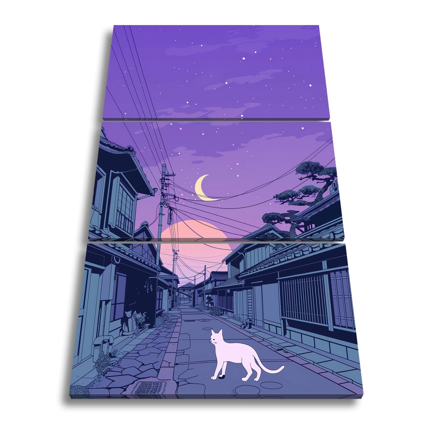 Leinwandbild Stille Gasse bei Dämmerung, begleitet von einer weißen Katze. - deyoli