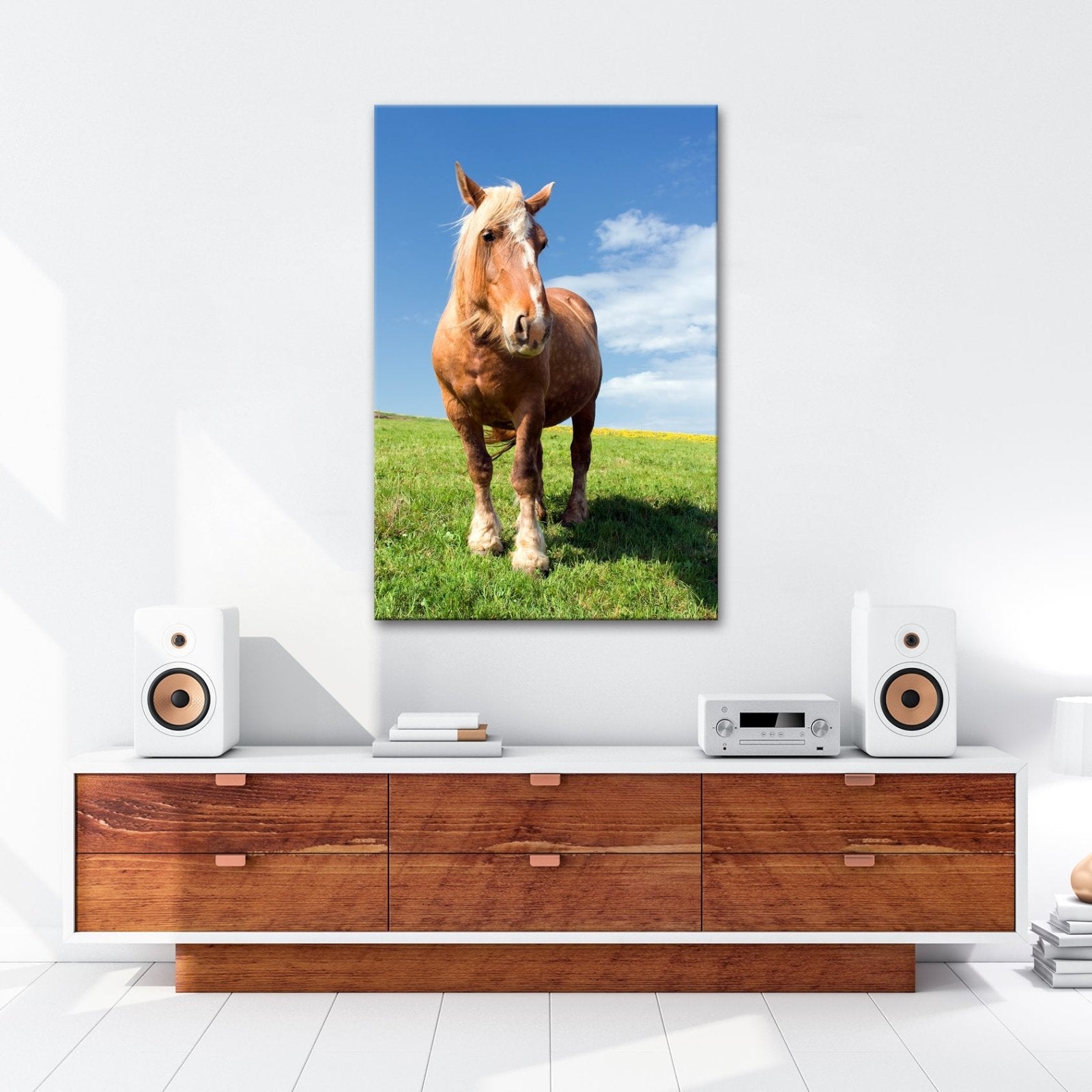Leinwandbild Stolzes Kaltblut ruht auf sattgrüner Frühlingswiese. - deyoli