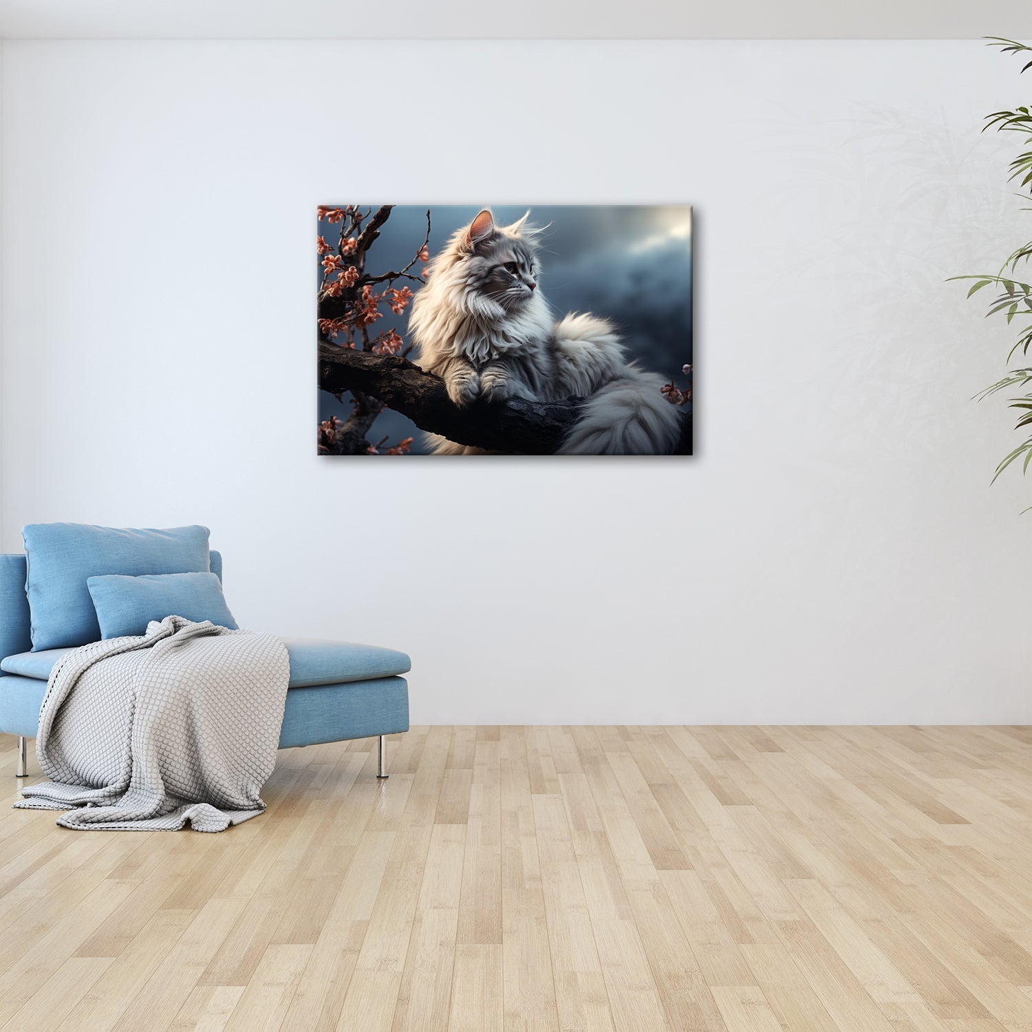 Leinwandbild Sturmgrau und blütenzart – majestätisch ruht die Katze - deyoli