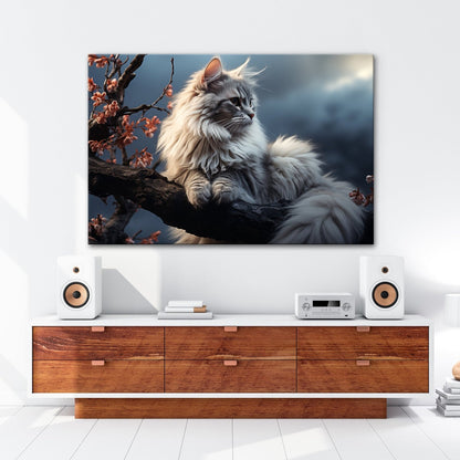 Leinwandbild Sturmgrau und blütenzart – majestätisch ruht die Katze - deyoli
