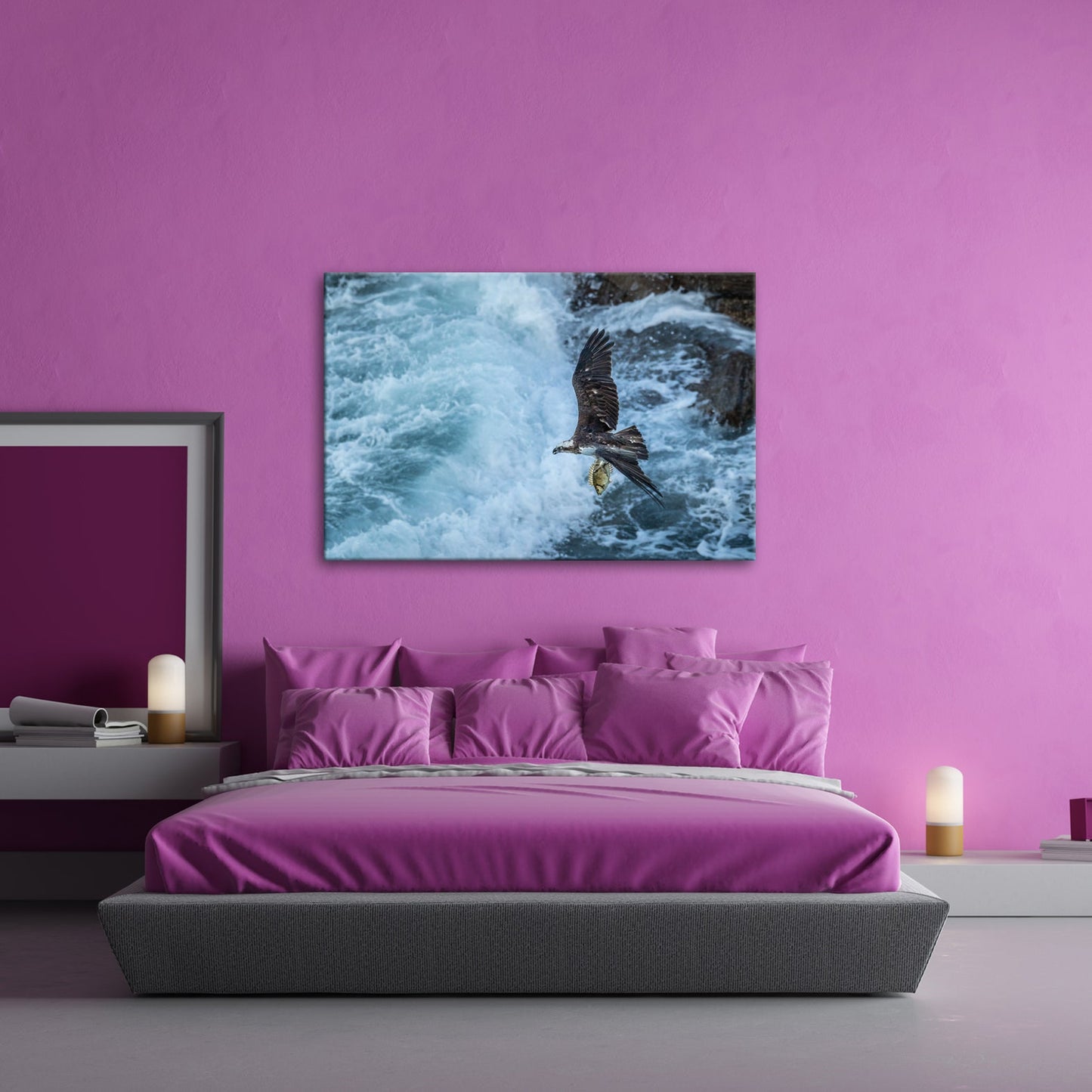 Leinwandbild Stürzender Jäger im Wellenschlag mit Beute - deyoli