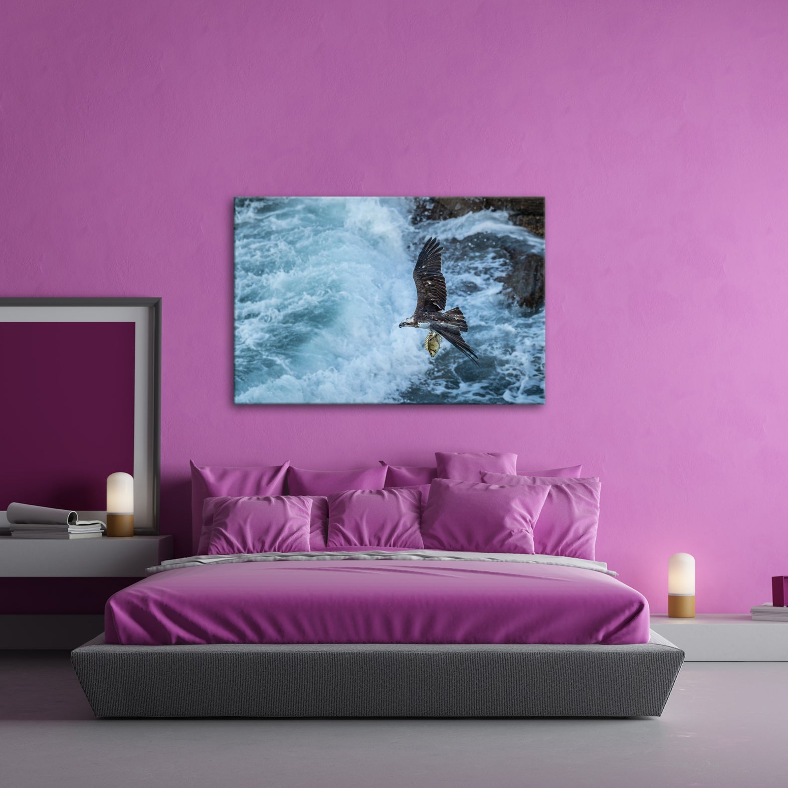 Leinwandbild Stürzender Jäger im Wellenschlag mit Beute - deyoli