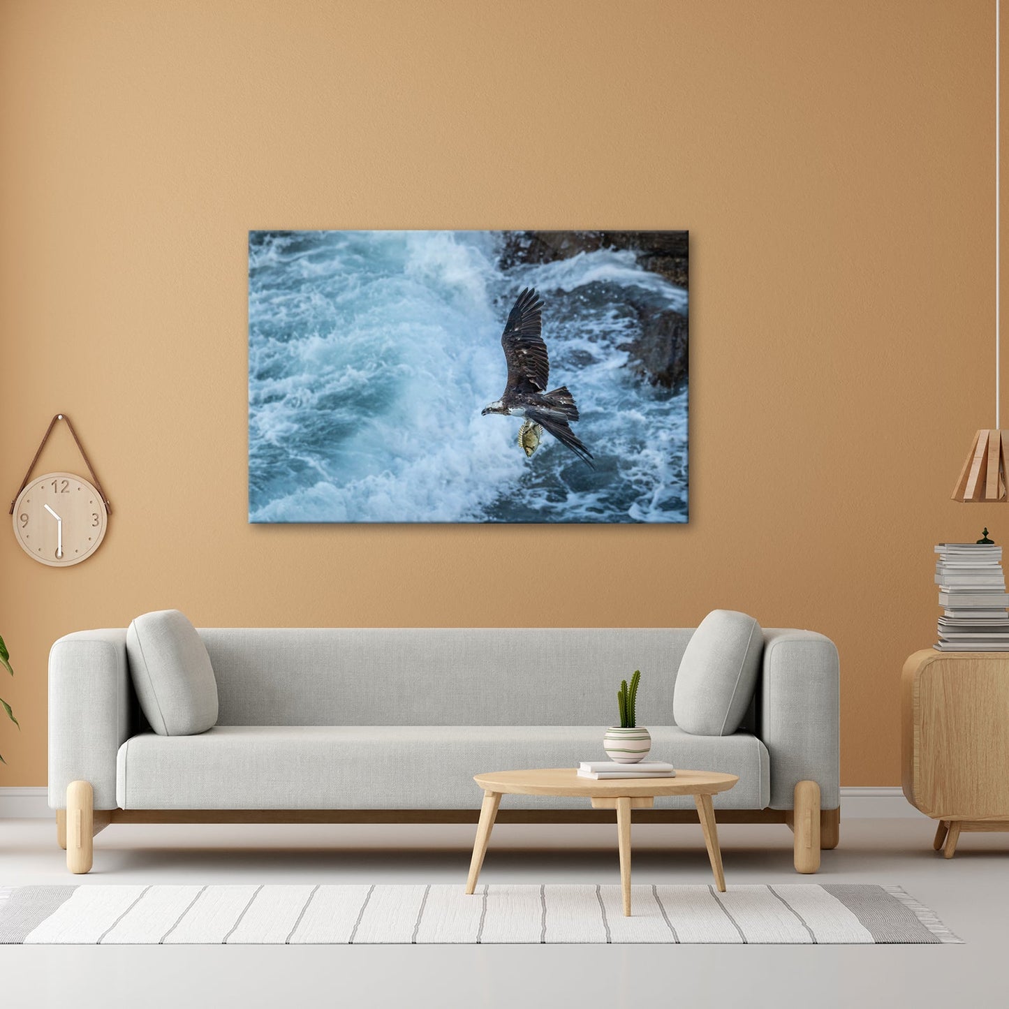 Leinwandbild Stürzender Jäger im Wellenschlag mit Beute - deyoli