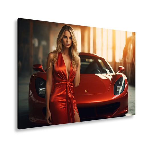 Leinwandbild Supercar XXL – Elegante Frau in Rot vor Luxus - Sportwagen - deyoli