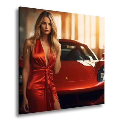 Leinwandbild Supercar XXL – Elegante Frau in Rot vor Luxus - Sportwagen - deyoli