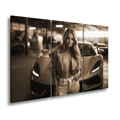 Leinwandbild Supercar XXL – Sinnliche Eleganz vor rotem Supersportwagen - deyoli