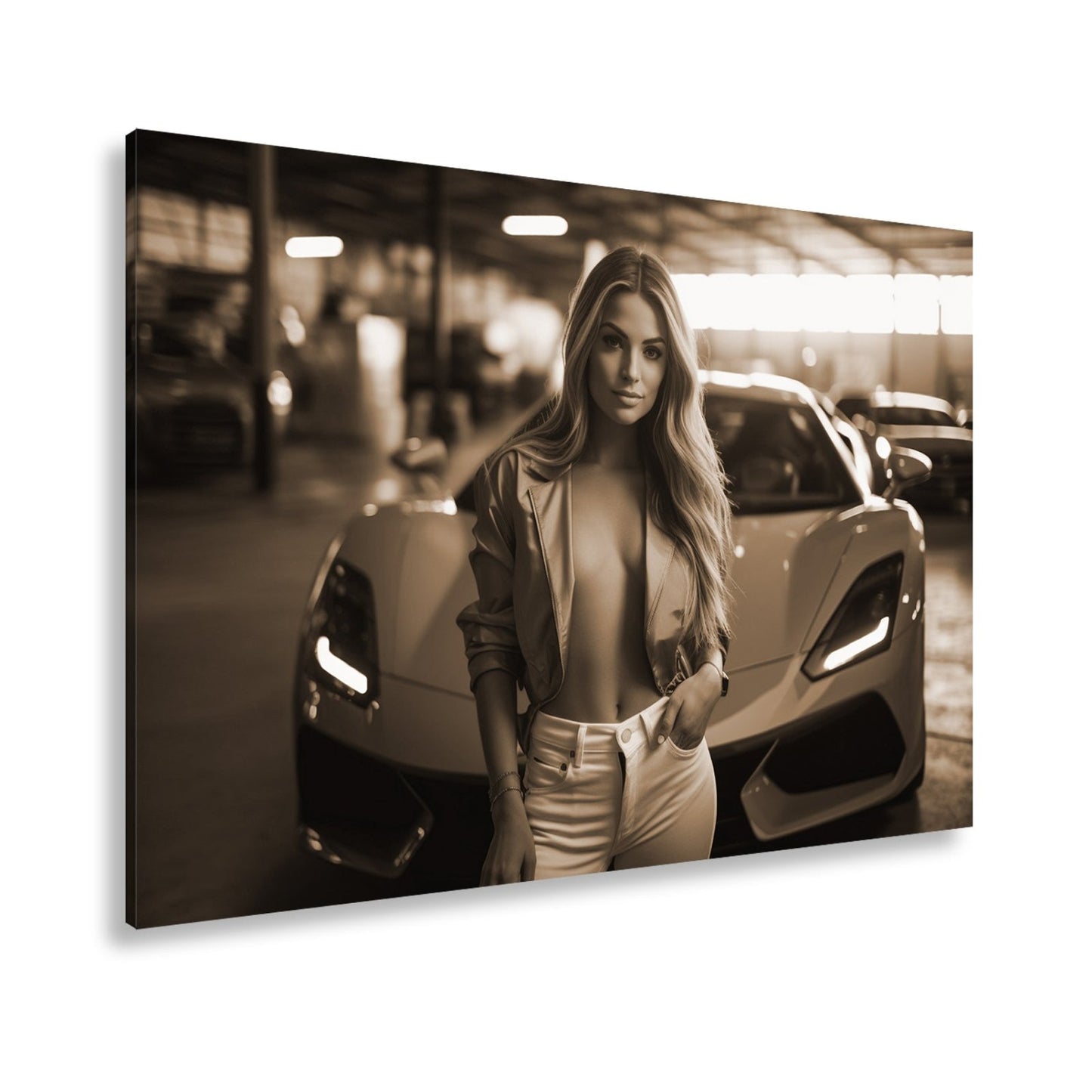 Leinwandbild Supercar XXL – Sinnliche Eleganz vor rotem Supersportwagen - deyoli