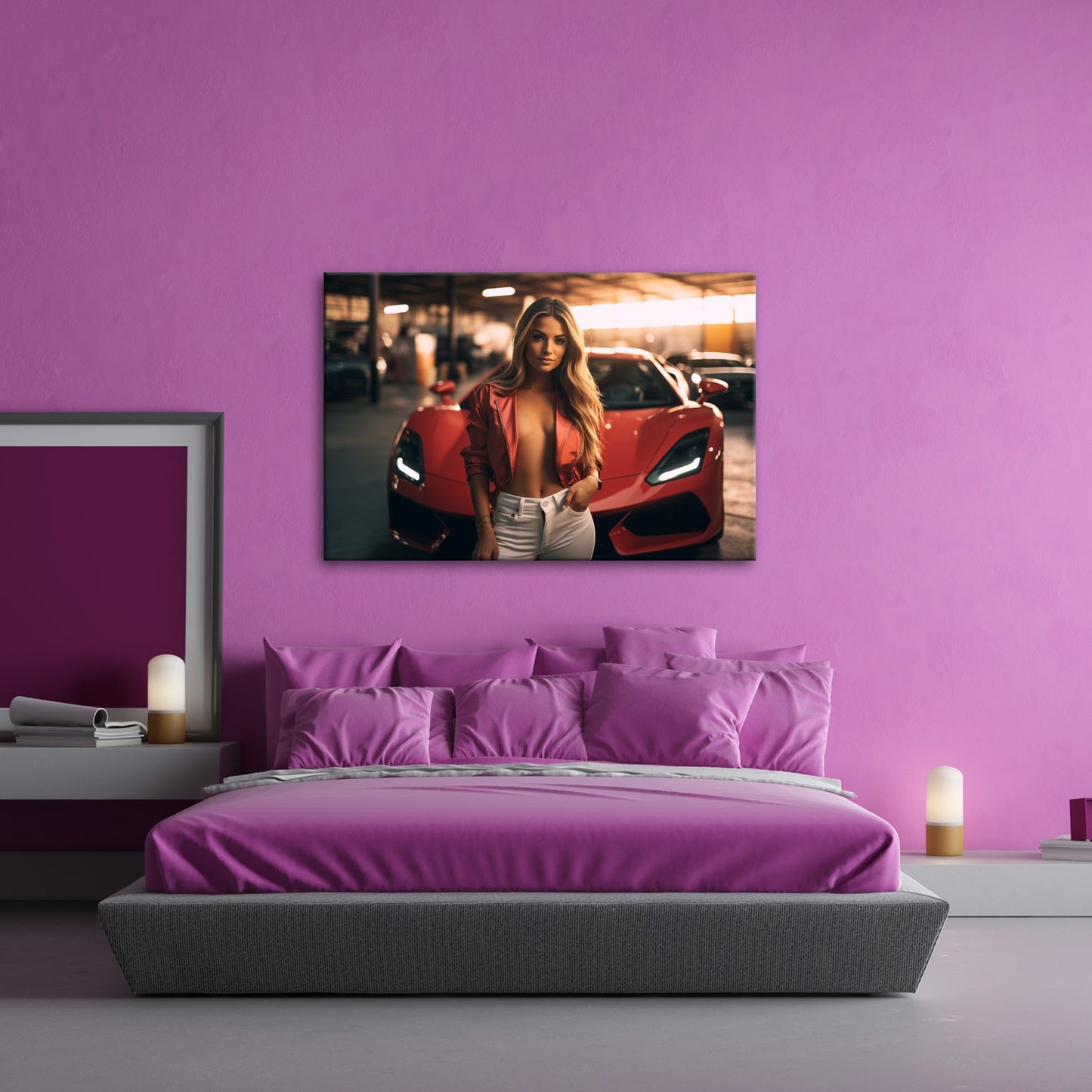 Leinwandbild Supercar XXL – Sinnliche Eleganz vor rotem Supersportwagen - deyoli