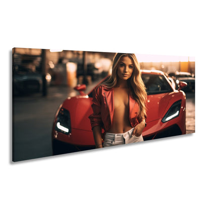 Leinwandbild Supercar XXL – Sinnliche Eleganz vor rotem Supersportwagen - deyoli