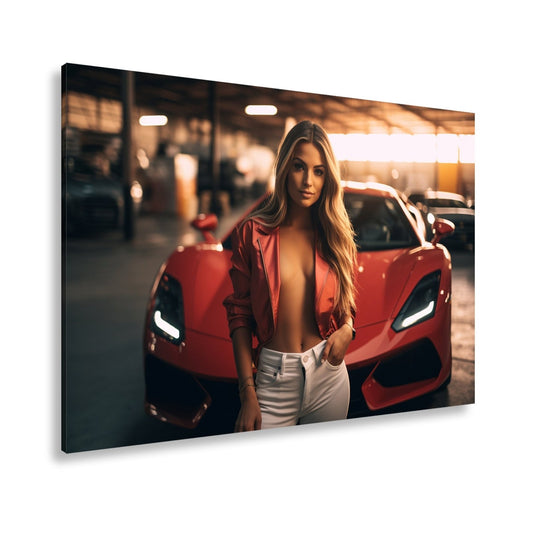 Leinwandbild Supercar XXL – Sinnliche Eleganz vor rotem Supersportwagen - deyoli