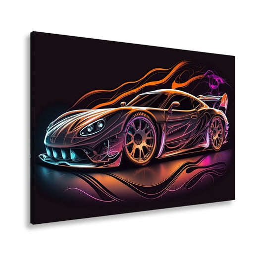 Leinwandbild Supersportwagen XXL – Neonflammen umhüllen futuristisches Design - deyoli