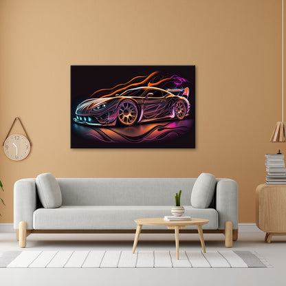 Leinwandbild Supersportwagen XXL – Neonflammen umhüllen futuristisches Design - deyoli
