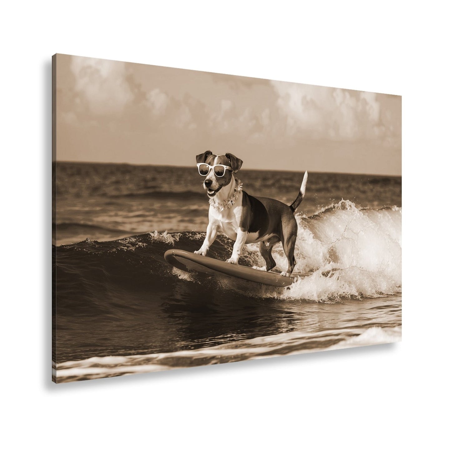 Leinwandbild Surf - Hund XXL – Cooler Hund reitet lässig die Wellen - deyoli