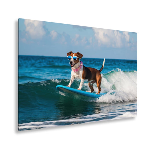 Leinwandbild Surf - Hund XXL – Cooler Hund reitet lässig die Wellen - deyoli